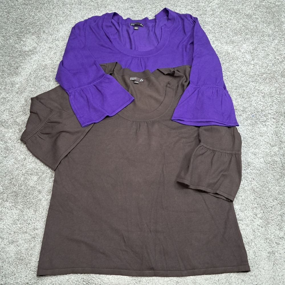 Womens 16w & up Bell Sleeve Scoop Neck Knit Sweater Bundle Purple Brown 2pk